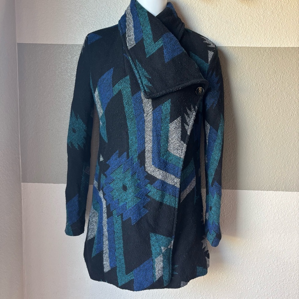 Thread & Supply Women XS Aztec Print Lined Tribal Southwestern Black Blue Coat